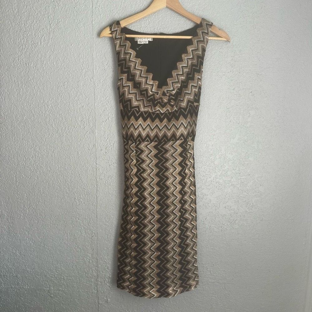 Kay Unger Zigzag Midi Dress in Black and Gold Tone